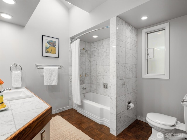 526 W Kinnear Pl, Seattle, WA 98119 - full bathroom with shower / bath combination with curtain, vanity, and recessed lighting
