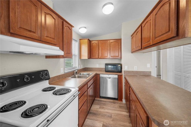 1000 State Route 150 Unit 18, Manson, WA 98831 - kitchen with white range with electric cooktop, stainless steel dishwasher, under cabinet range hood, black microwave, and vaulted ceiling