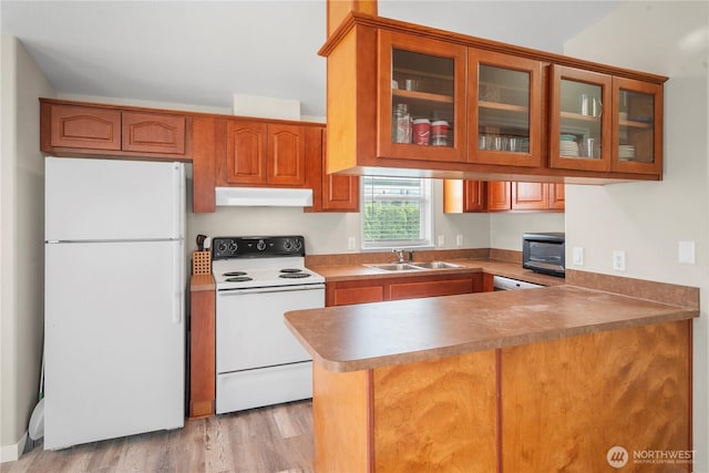 1000 State Route 150 Unit 18, Manson, WA 98831 - kitchen featuring white appliances, under cabinet range hood, a peninsula, and glass insert cabinets