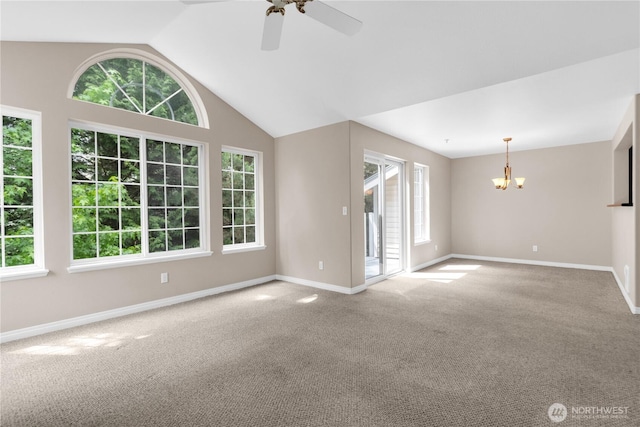 1628 118th Ave SE Unit F316, Bellevue, WA 98005 - empty room featuring a chandelier, carpet flooring, ceiling fan, and vaulted ceiling