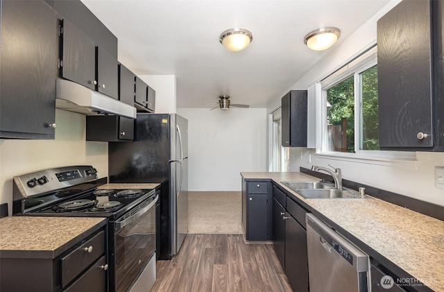 31308 107th Pl SE Unit B1, Auburn, WA 98092 - kitchen with electric range oven, under cabinet range hood, dishwasher, dark wood-type flooring, and a ceiling fan