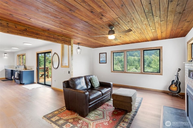 13402 Spring Site Rd E, Orting, WA 98360 - living area with wood finished floors, wooden ceiling, and a ceiling fan
