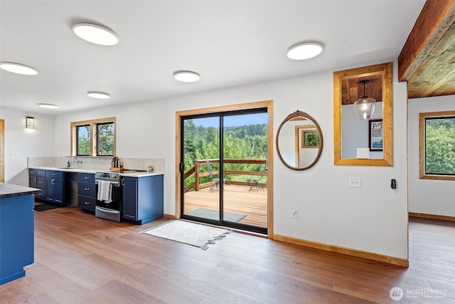 13402 Spring Site Rd E, Orting, WA 98360 - kitchen with stainless steel electric range, blue cabinets, light wood-style flooring, and light countertops