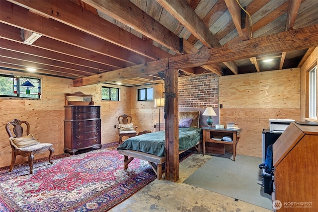 13402 Spring Site Rd E, Orting, WA 98360 - bedroom featuring unfinished concrete flooring and wooden walls