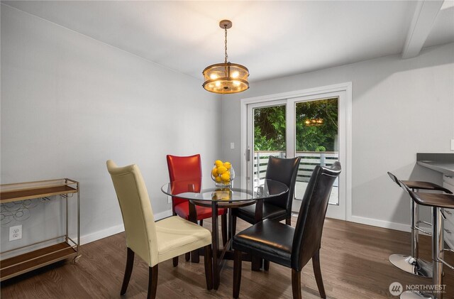 11335 NE 149th St, Kirkland, WA 98034 - dining space featuring wood finished floors, a chandelier, and beamed ceiling