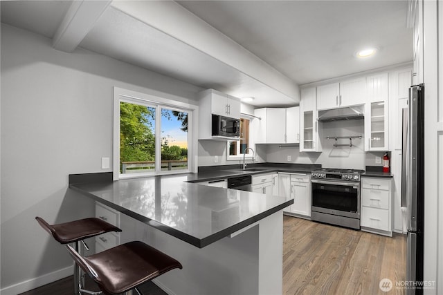 11335 NE 149th St, Kirkland, WA 98034 - kitchen with appliances with stainless steel finishes, a peninsula, dark countertops, under cabinet range hood, and dark wood-style floors