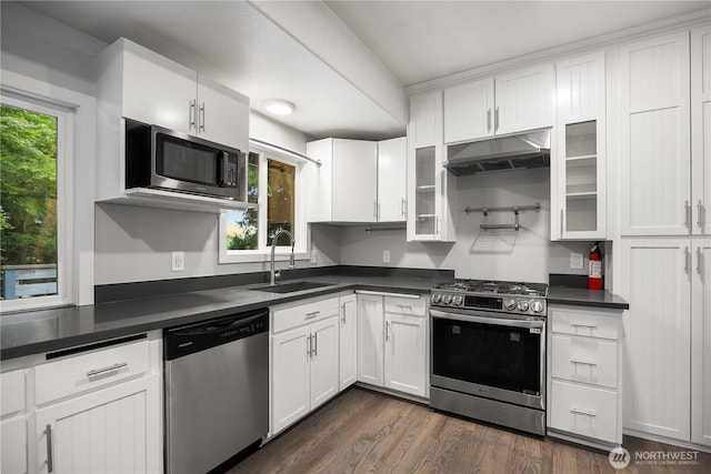 11335 NE 149th St, Kirkland, WA 98034 - kitchen with appliances with stainless steel finishes, under cabinet range hood, dark countertops, white cabinetry, and dark wood finished floors
