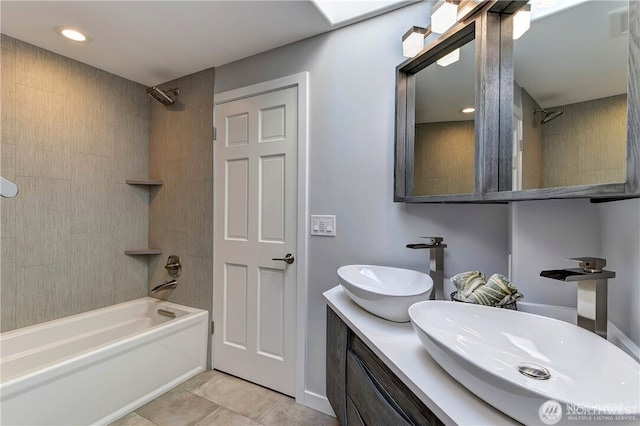 11335 NE 149th St, Kirkland, WA 98034 - full bath with shower / tub combination, double vanity, tile patterned flooring, and recessed lighting