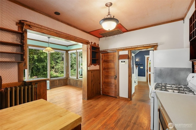 3402 N 28th St, Tacoma, WA 98407 - kitchen featuring white appliances, light wood finished floors, radiator, a wainscoted wall, and decorative light fixtures