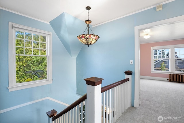 3402 N 28th St, Tacoma, WA 98407 - corridor featuring an upstairs landing, radiator heating unit, carpet, plenty of natural light, and ornamental molding