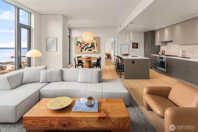 2510 6th Ave Unit 3605, Seattle, WA 98121 - living area featuring light wood-style flooring, floor to ceiling windows, and a water view