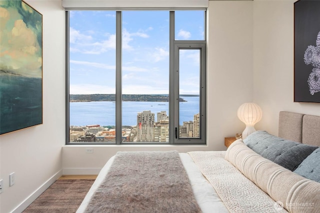 2510 6th Ave Unit 3605, Seattle, WA 98121 - bedroom featuring a water view and baseboards