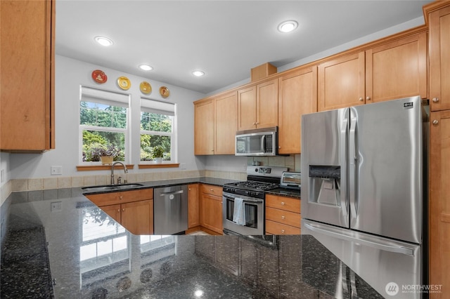 17356 Red Hawk Ct, Mount Vernon, WA 98274 - kitchen featuring appliances with stainless steel finishes, dark stone countertops, and recessed lighting