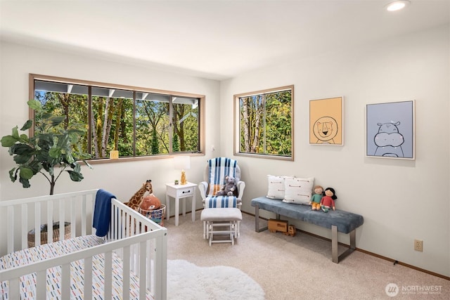 6160 W Mercer Way, Mercer Island, WA 98040 - carpeted bedroom featuring a nursery area and recessed lighting