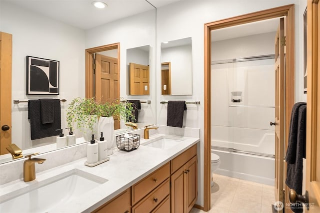 6160 W Mercer Way, Mercer Island, WA 98040 - full bathroom featuring double vanity, combined bath / shower with glass door, recessed lighting, and tile patterned flooring
