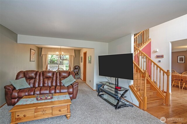 2003 88th Ave W, University Place, WA 98466 - carpeted living area with a chandelier and stairway