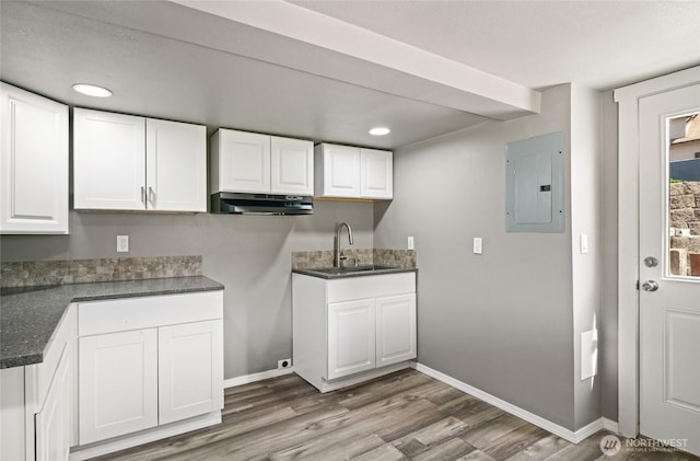 2440 Rock Island Rd, East Wenatchee, WA 98802 - kitchen featuring electric panel, under cabinet range hood, wood finished floors, white cabinets, and recessed lighting