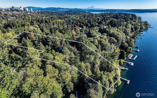 2425 Evergreen Point Rd, Medina, WA 98039 - aerial view of property's location featuring a water and mountain view and property boundaries highlighted
