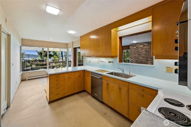 2425 Evergreen Point Rd, Medina, WA 98039 - kitchen with dishwasher, light countertops, a peninsula, a baseboard radiator, and range