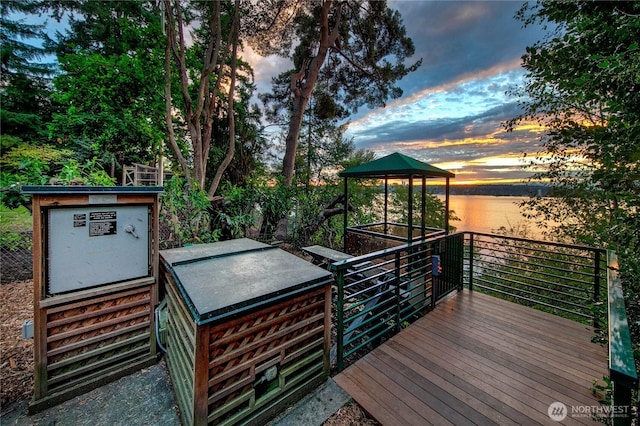 2425 Evergreen Point Rd, Medina, WA 98039 - wooden deck featuring a gazebo, a water view, and entry steps