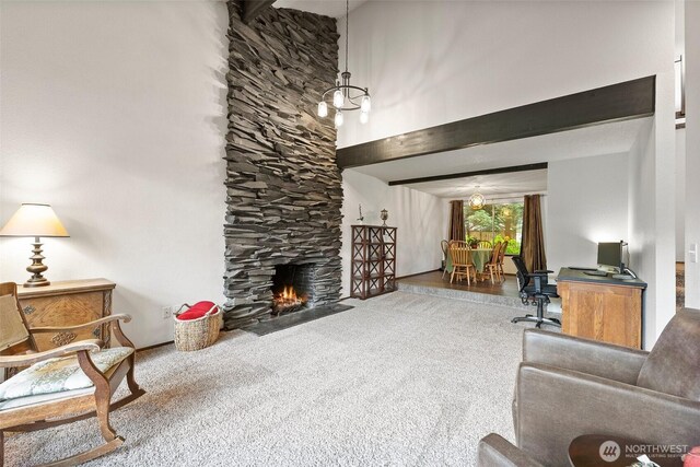 13222 76th Avenue Ct E, Puyallup, WA 98373 - carpeted living room with a stone fireplace and an office area