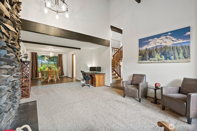 13222 76th Avenue Ct E, Puyallup, WA 98373 - living room with a chandelier, carpet floors, stairs, a high ceiling, and an office area