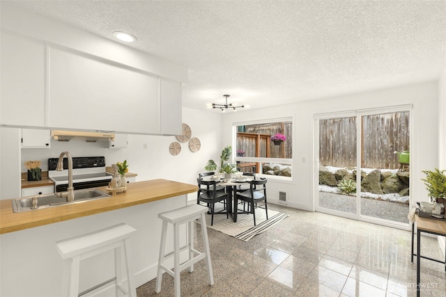 7812 196th St SW Unit B2, Edmonds, WA 98026 - kitchen with wood counters, extractor fan, granite tiled floors, a chandelier, and a textured ceiling