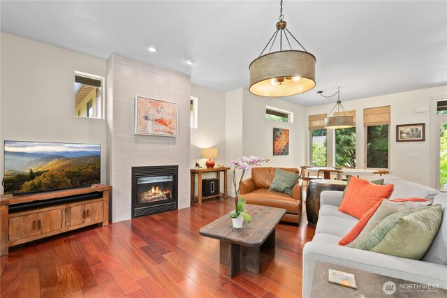 1129 Birch Falls Dr, Bellingham, WA 98229 - living room with dark wood finished floors, healthy amount of natural light, and a tiled fireplace