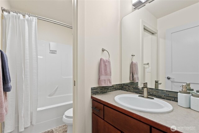 1129 Birch Falls Dr, Bellingham, WA 98229 - bathroom featuring vanity, shower / bath combination with curtain, and backsplash