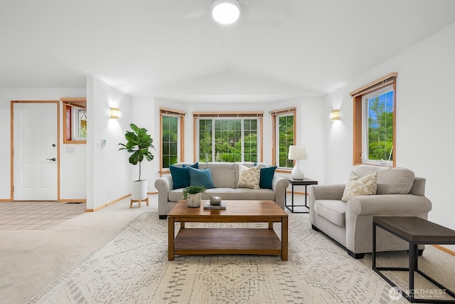 5788 Hannegan Rd, Bellingham, WA 98226 - living area with light carpet, a ceiling fan, and lofted ceiling