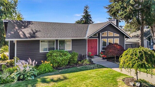 32867 42nd Pl SW, Federal Way, WA 98023 - view of front of house with a chimney, a front lawn, and a shingled roof