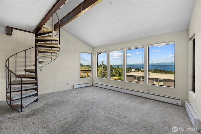 1125 Vista Pl, Edmonds, WA 98020 - unfurnished living room with carpet, a baseboard radiator, and stairs