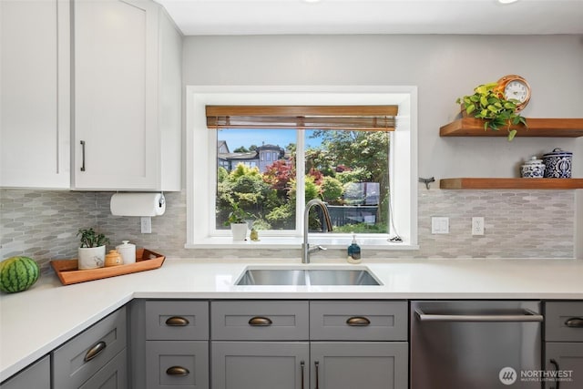 1871 Hillside Dr NE, Tacoma, WA 98422 - kitchen with dishwasher, gray cabinets, and light countertops