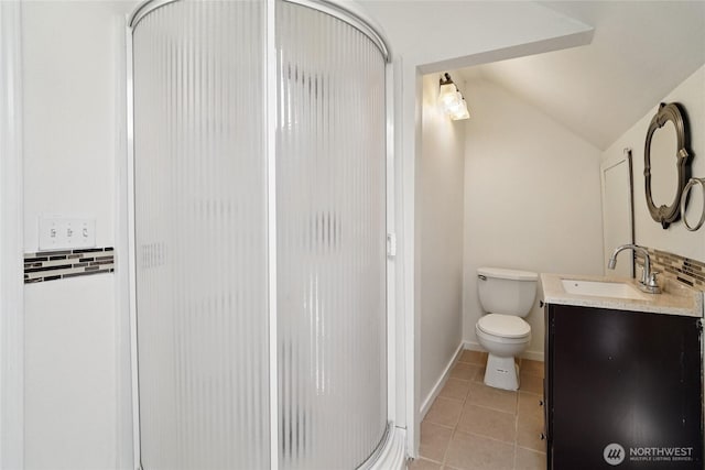 6817 S D St, Tacoma, WA 98408 - full bathroom featuring a stall shower, vanity, tile patterned floors, and vaulted ceiling