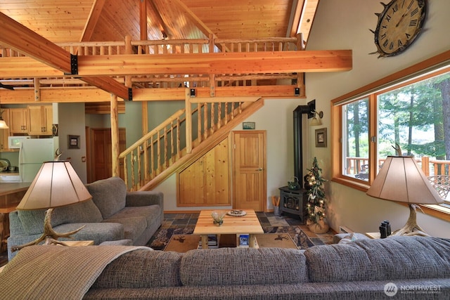 7905 Mountain Home Rd, Leavenworth, WA 98826 - living room with stairway, a wood stove, a wood ceiling with exposed beams, and high vaulted ceiling