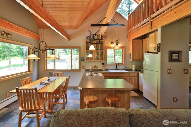 7905 Mountain Home Rd, Leavenworth, WA 98826 - kitchen with freestanding refrigerator, stone tile floors, plenty of natural light, glass insert cabinets, and wood ceiling