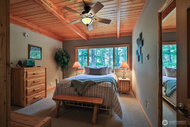 7905 Mountain Home Rd, Leavenworth, WA 98826 - carpeted bedroom featuring a wood ceiling with exposed beams, multiple windows, and a ceiling fan