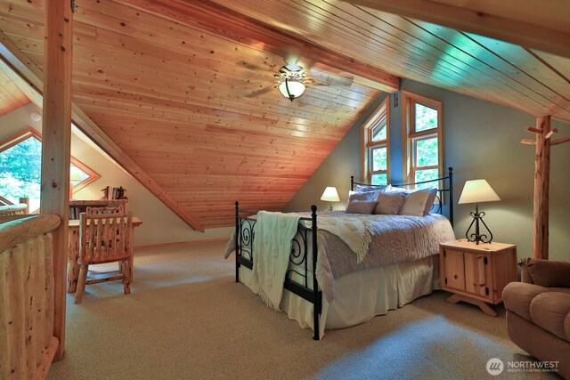 7905 Mountain Home Rd, Leavenworth, WA 98826 - bedroom featuring wooden ceiling, lofted ceiling, and carpet floors