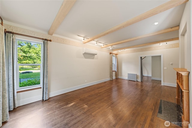 5513 Homestead Ln, Anacortes, WA 98221 - unfurnished room with radiator, plenty of natural light, wood finished floors, and beamed ceiling