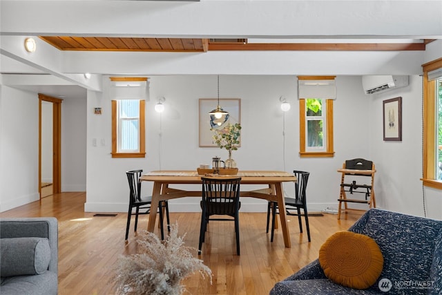 3555 S Holmes View Dr, Langley, WA 98260 - dining area with beam ceiling, healthy amount of natural light, light wood-type flooring, and a wall mounted AC