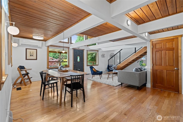 3555 S Holmes View Dr, Langley, WA 98260 - dining space with an AC wall unit, a wooden ceiling with exposed beams, stairs, and light wood-style flooring