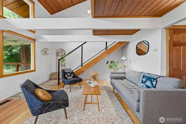 3555 S Holmes View Dr, Langley, WA 98260 - living area featuring stairs, wooden ceiling, and wood finished floors