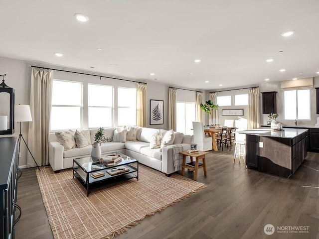 11433 SE 84th St Unit 41, Newcastle, WA 98056 - living room featuring dark wood-style floors and recessed lighting