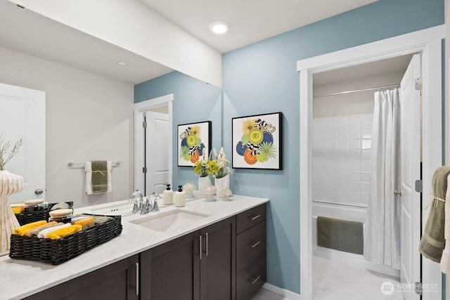 11433 SE 84th St Unit 41, Newcastle, WA 98056 - full bath featuring vanity, marble finish flooring, and shower / bathtub combination with curtain