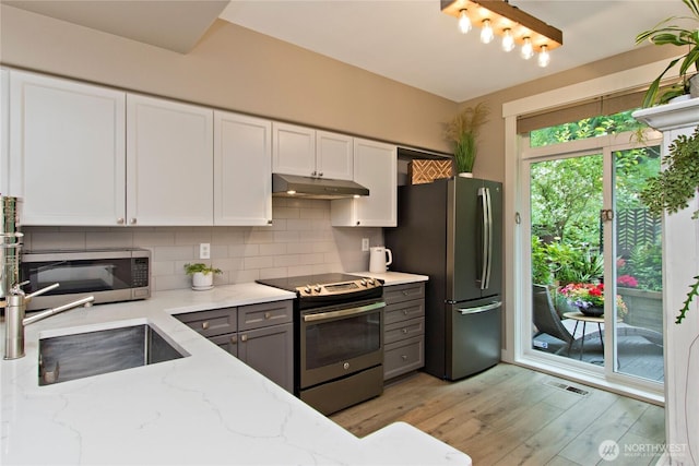 23300 SE Black Nugget Rd Unit J3, Issaquah, WA 98029 - kitchen with stainless steel appliances, under cabinet range hood, white cabinetry, backsplash, and light wood-style floors