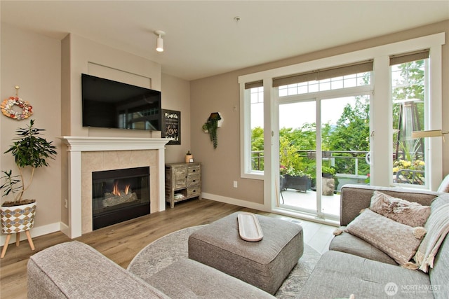 23300 SE Black Nugget Rd Unit J3, Issaquah, WA 98029 - living area featuring wood finished floors and a tiled fireplace