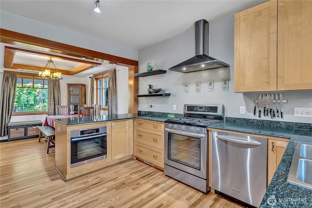 4222 Latona Ave NE, Seattle, WA 98105 - kitchen with stainless steel appliances, wall chimney exhaust hood, light brown cabinets, and open shelves
