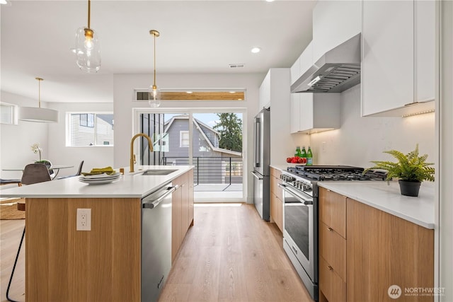 6732 21st Ave SW, Seattle, WA 98106 - kitchen with stainless steel appliances, modern cabinets, ventilation hood, light wood-style flooring, and an island with sink