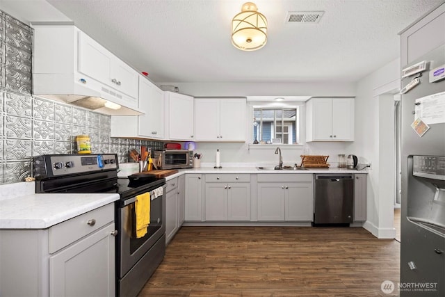 2413 Queen St, Bellingham, WA 98229 - kitchen featuring stainless steel appliances, under cabinet range hood, decorative backsplash, light countertops, and dark wood-type flooring