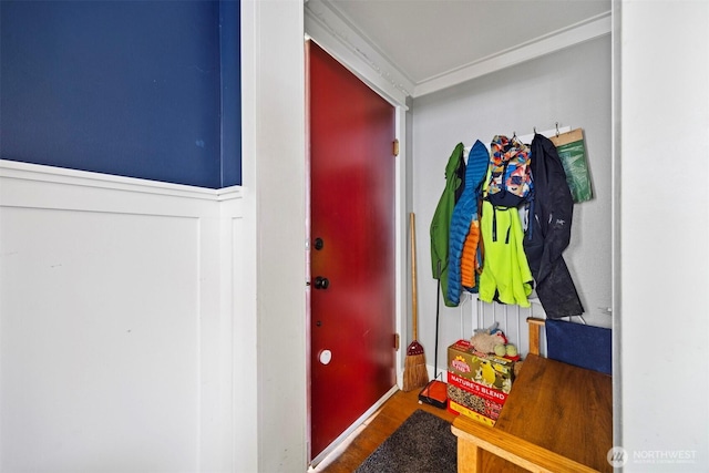 2413 Queen St, Bellingham, WA 98229 - mudroom with wood finished floors, ornamental molding, and a wainscoted wall